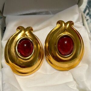 SOLD! Fendi Earrings Ruby Red Glass Cabochon pierced gold plated
